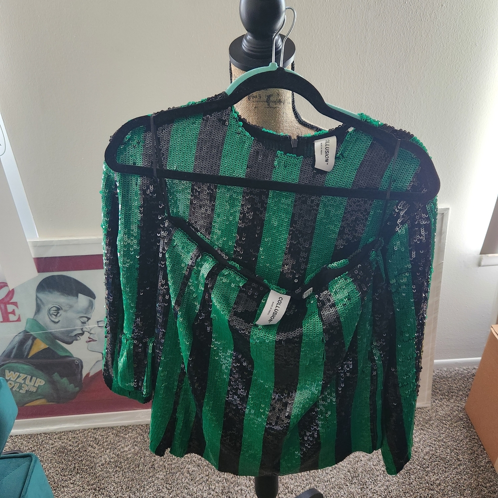 Asos... Emerald and Black Sequin Striped Top - Picture 2 of 7
